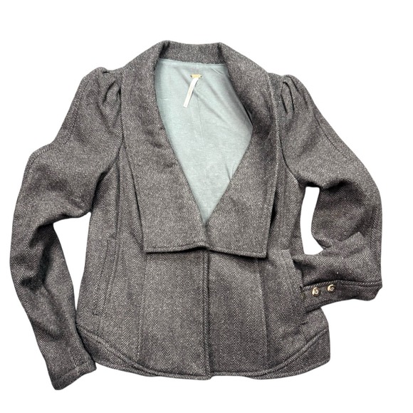 Free People Jackets & Blazers - Free People Womens Blazer Size 2 Herringbone Tweed Wool Blend Grey Jacket Casual